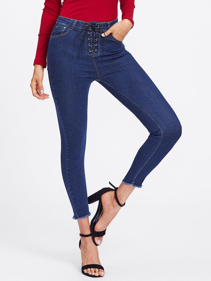 Romwe Grommet Lace Up Skinny Jeans