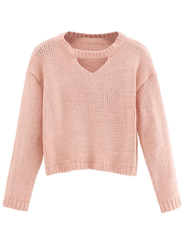 Romwe Pink Cut Out Crop Sweater