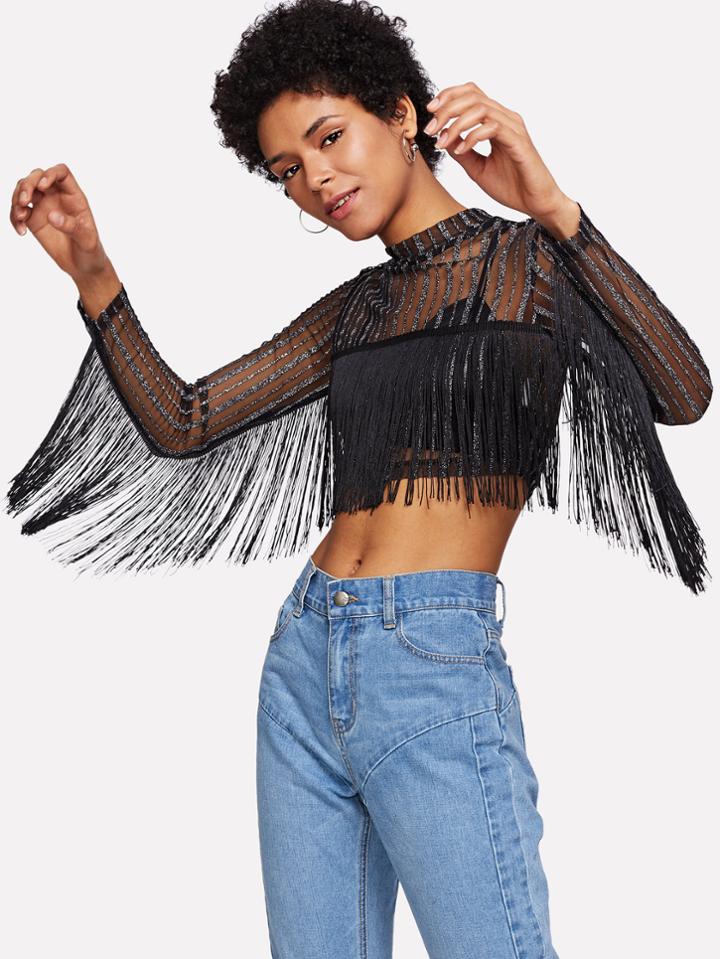 Romwe Fringe Detail Striped Glitter Mesh Top