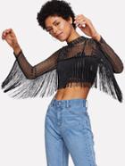 Romwe Fringe Detail Striped Glitter Mesh Top