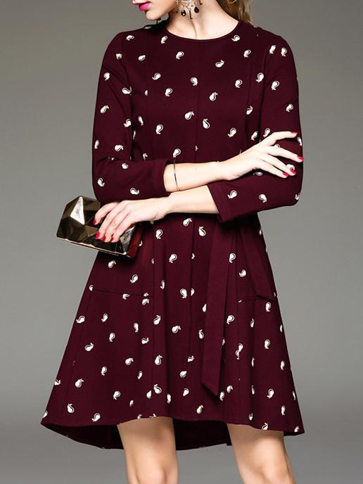 Romwe Burgundy Tie-waist Pockets High Low Dress