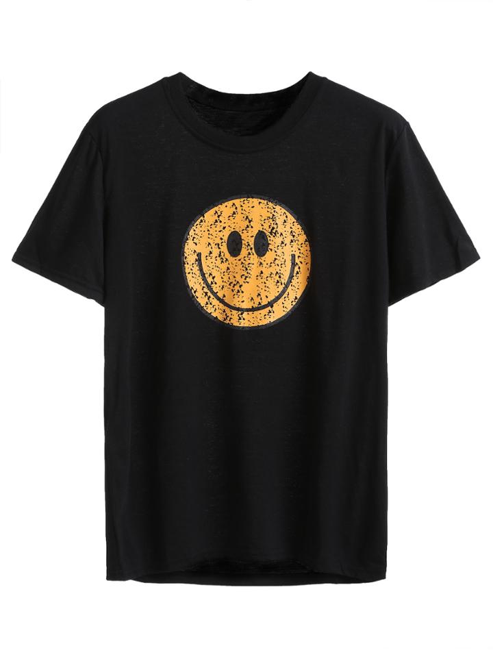 Romwe Black Smile Face Print T-shirt
