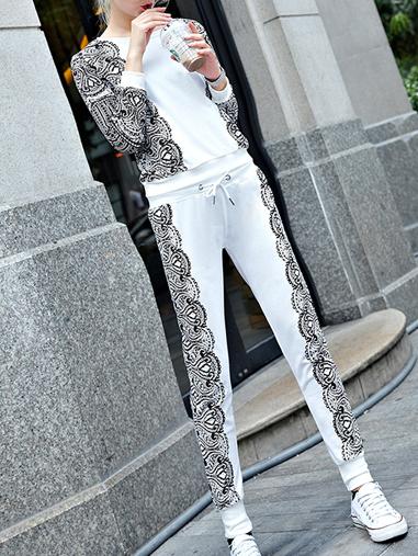 Romwe Long Sleeve Contrast Lace Top With Drawstring White Pant