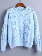 Romwe Blue Pompom Detail Drop Shoulder Sweater
