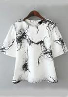 Romwe Ink Print Wide Sleeve White Shirt