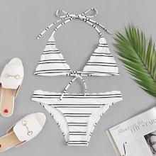 Romwe Scalloped Trim Self Tie Random Striped Bikini Set