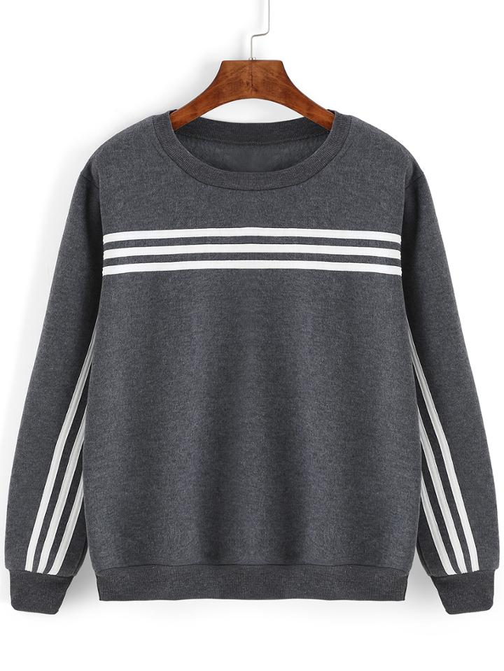 Romwe Striped Trim Grey Sweatshirt