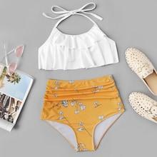 Romwe Ruched Flounce Random Calico Print Bikini Set