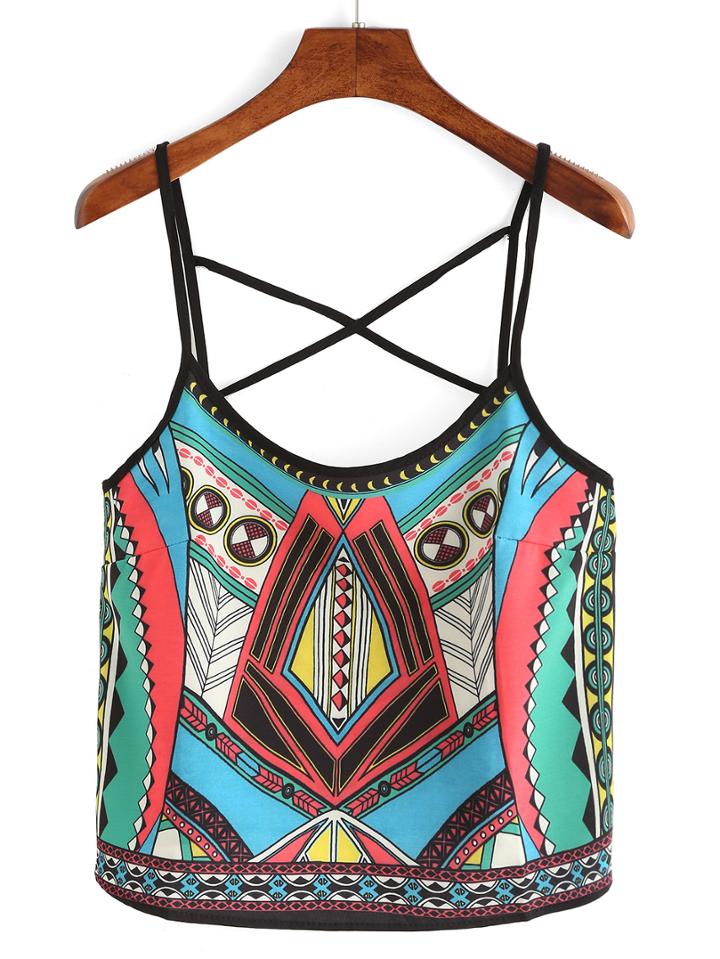 Romwe Geometric Print Crisscross Cami Top