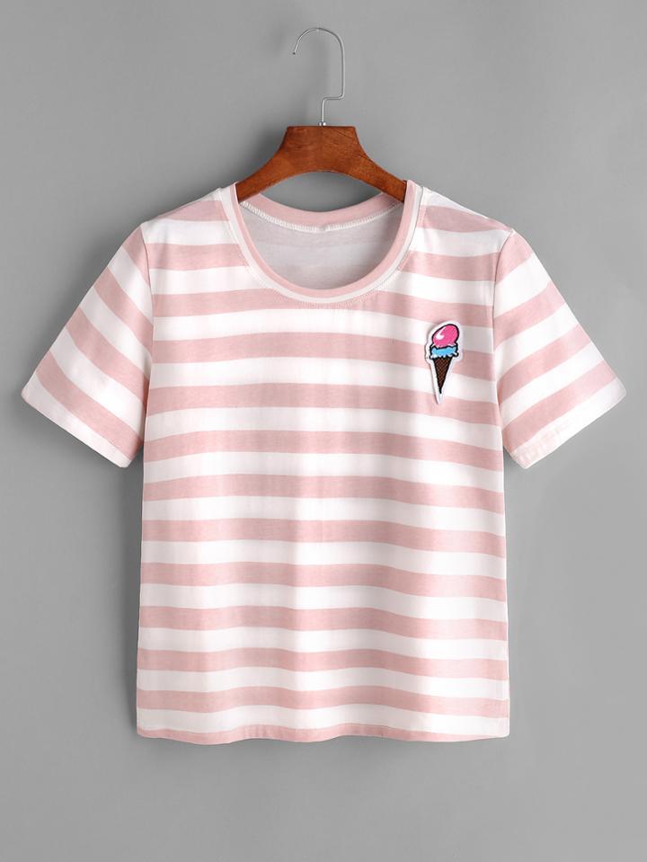Romwe Ice Cream Print Striped Tee