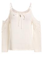 Romwe White Cold Shoulder Lace Insert Pom Pom Shirt