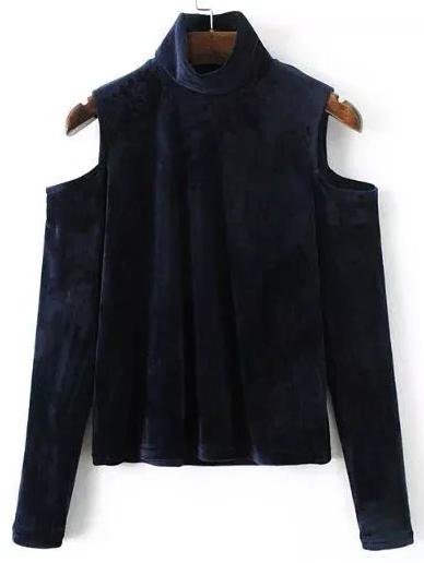 Romwe Purple Mock Neck Open Shoulder Velvet Blouse