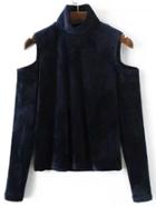 Romwe Purple Mock Neck Open Shoulder Velvet Blouse