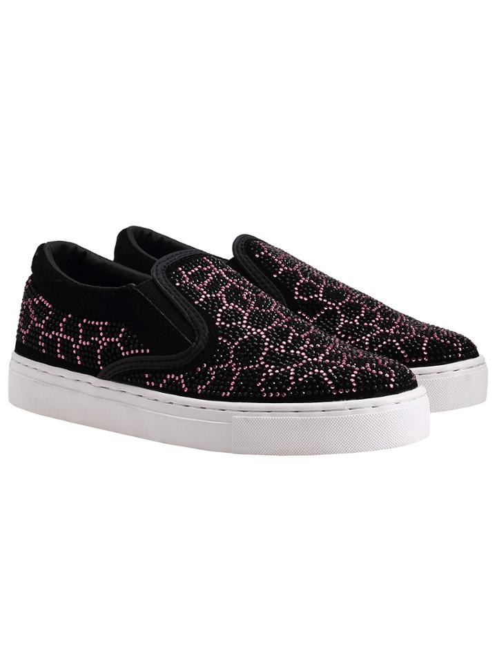 Romwe Black Thick-soled Red Rhinestone Flats