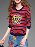 Romwe Red Navy Striped Tiger Embroidered Knit Sweatshirt