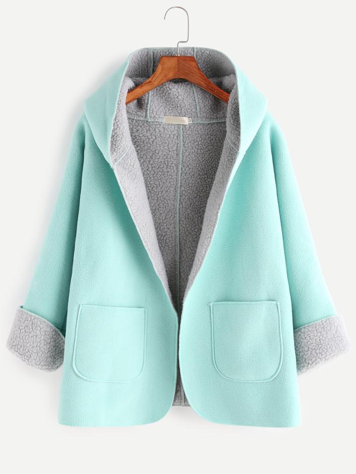 Romwe Pale Green Contrast Sherpa Lined Hooded Pockets Coat