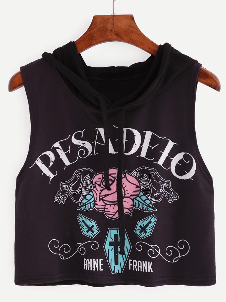 Romwe Black Printed Lace Up Sleeveless Hoodie