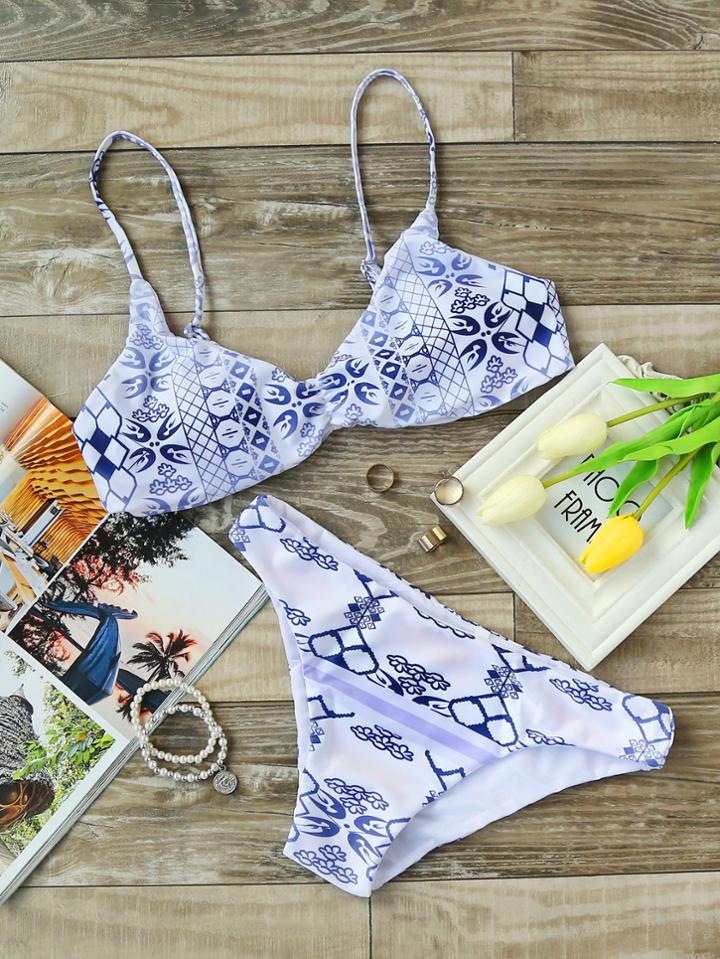 Romwe Blue Tribal Print Sexy Bikini Set