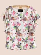 Romwe Round Neck Ruffle Sleeve Florals Top