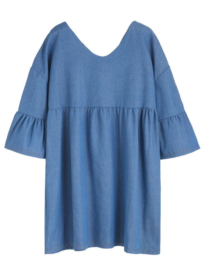 Romwe Blue Double V Neck Ruffle Denim Dress