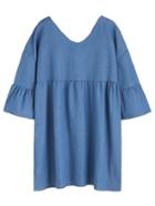 Romwe Blue Double V Neck Ruffle Denim Dress