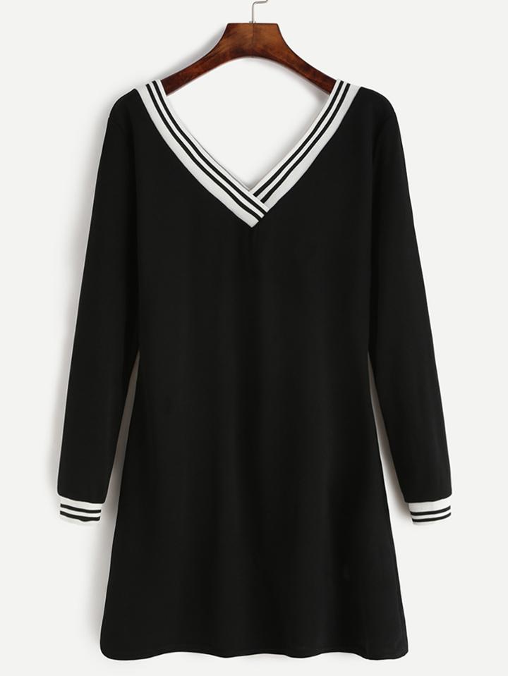Romwe Black Striped V Neck Shift Dress