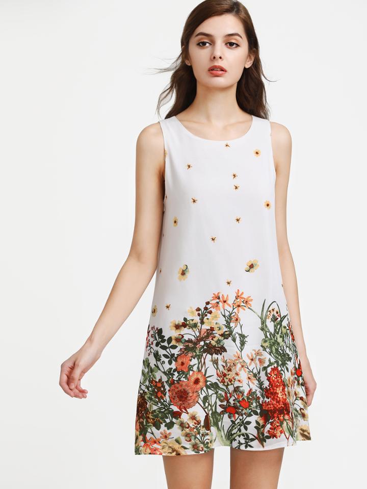Romwe Botanical Print Buttoned Keyhole Back Sleeveless Dress