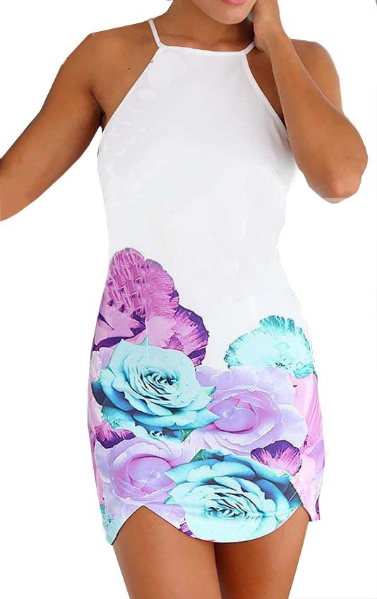 Romwe White Spaghetti Strap Backless Floral Dress