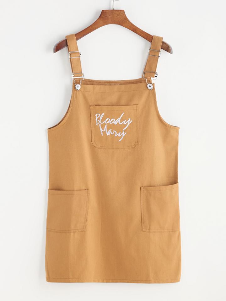 Romwe Letter Embroidered Dual Pockets Pinafore Dress