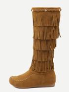 Romwe Brown Faux Suede Flat Tassel Knee High Boots