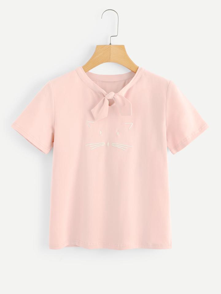 Romwe Cat Embroidered Tie Neck Tee