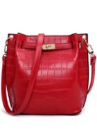 Romwe Crocodile Embossed Turnlock Belted Bucket Bag - Red