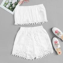 Romwe Pom Pom Panel Tube Top With Shorts