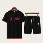 Romwe Guys Binding Trim Letter Print Tee With Shorts