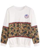Romwe Contrast Camo Print Embroidered Patch Sweatshirt