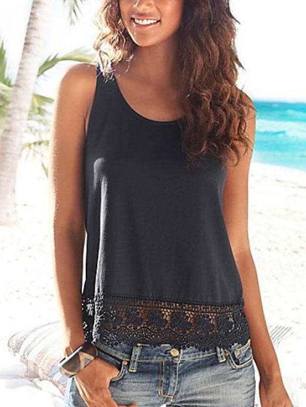 Romwe Lace Trimmed Tank Top - Black