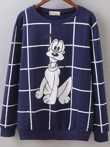 Romwe Blue Round Neck Plaid Cartoon Dog Print Sweatshirt
