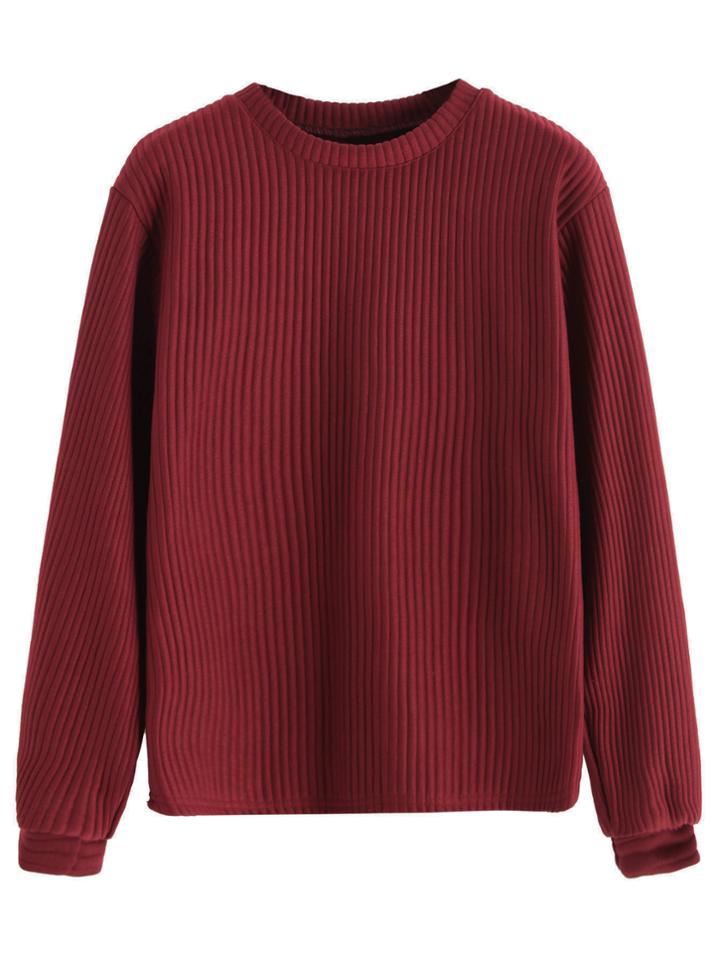 Romwe Burgundy Long Sleeve Ribbed Sweatshirt