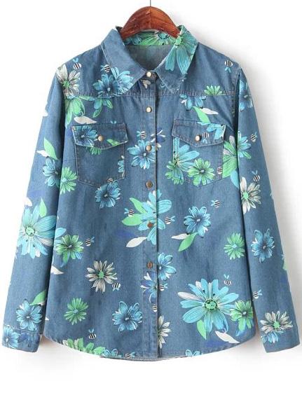 Romwe Blue Long Sleeve Floral Print Denim Blouse