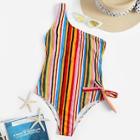 Romwe One Shoulder Bow Detail Striped One Piece Swimsuit
