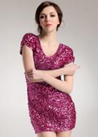 Romwe V Neck Sequined Bodycon Rose Red Dress