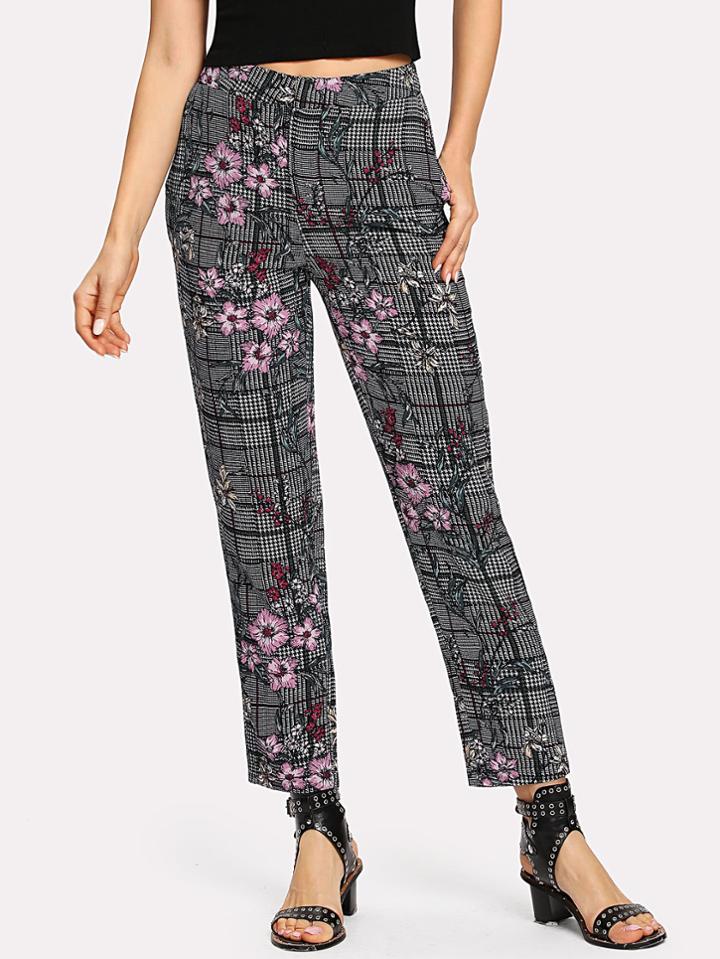 Romwe Floral And Plaid Print Pants
