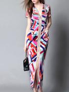 Romwe Multicolor Short Sleeve Zipper Geometric Print Maxi Dress