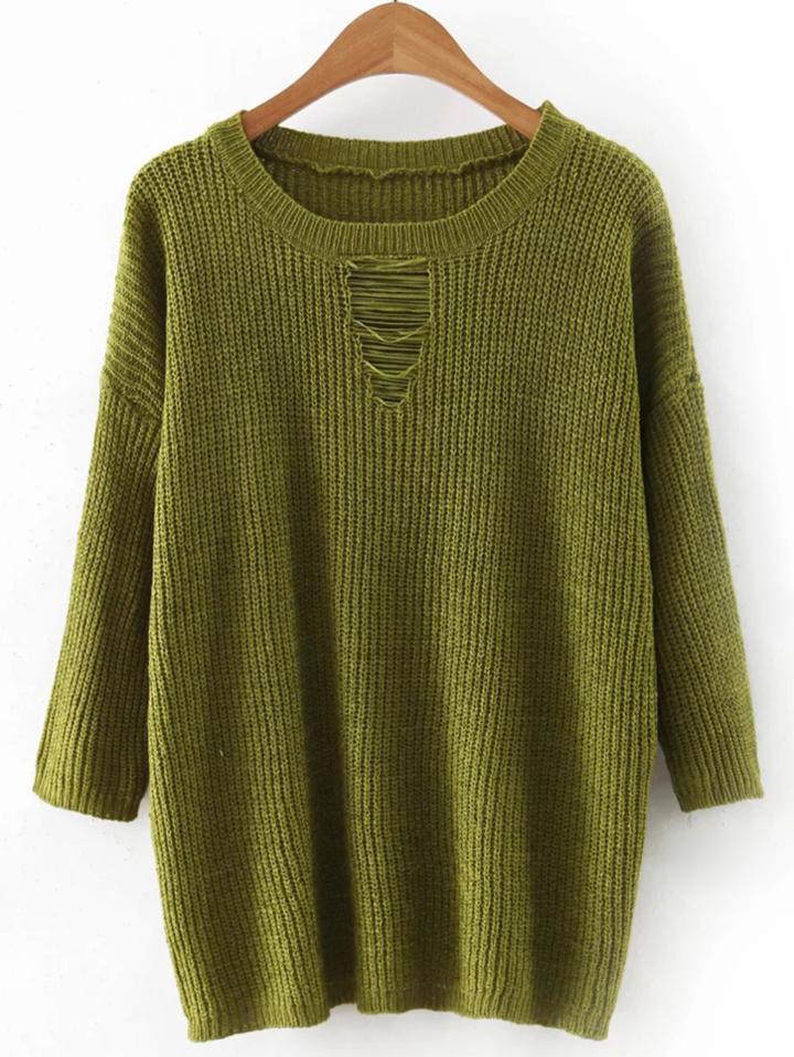 Romwe Jasper Round Neck Ripped Front Knitwear