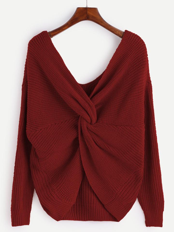 Romwe V Neckline Twist Front Sweater