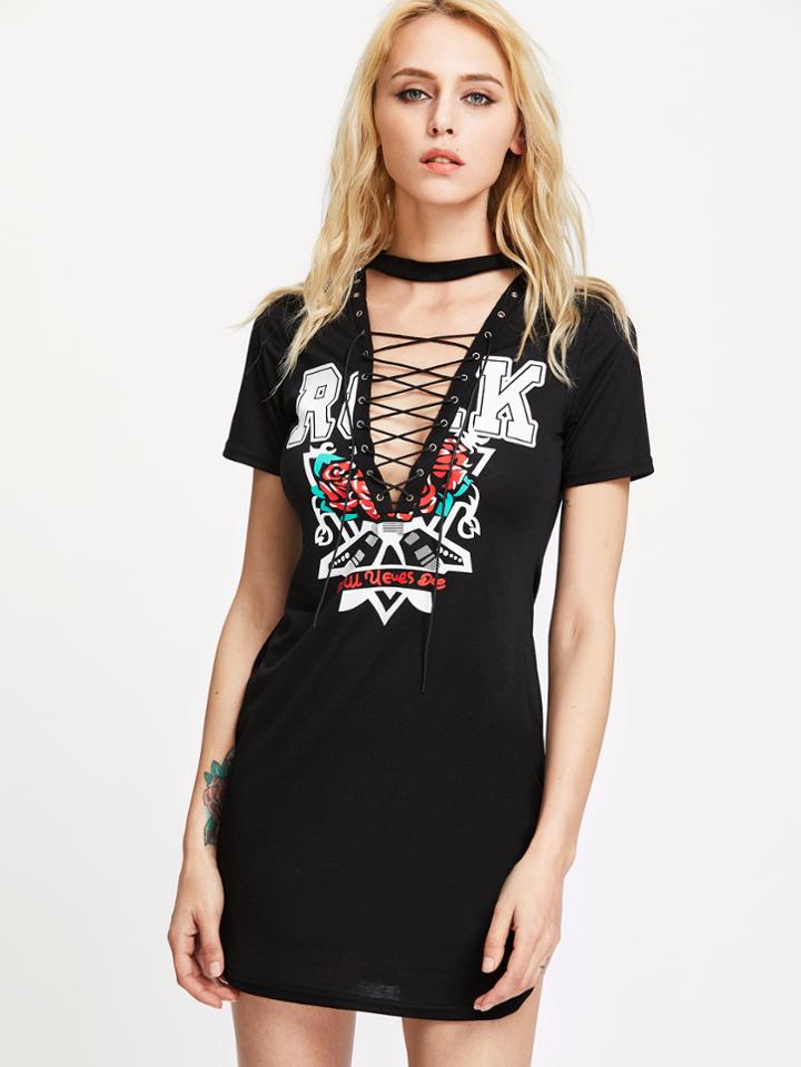 Romwe Eyelet Lace Up Graphic Print Dress