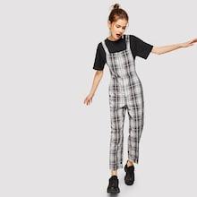 Romwe Slant Pocket O-ring Zip Plaid Pinafore Jumpsuit