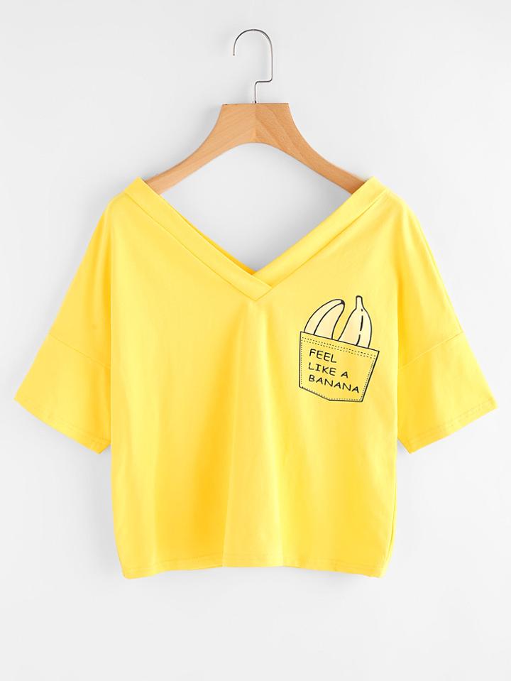 Romwe V Neckline Banana Print Tee