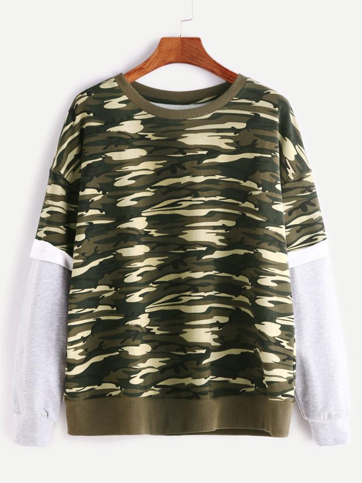 Romwe Olive Green Camo Print Contrast Layered Sleeve Sweatshirt