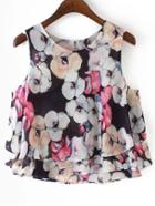 Romwe Hot Pink Flower Print Ruffle Tank Top